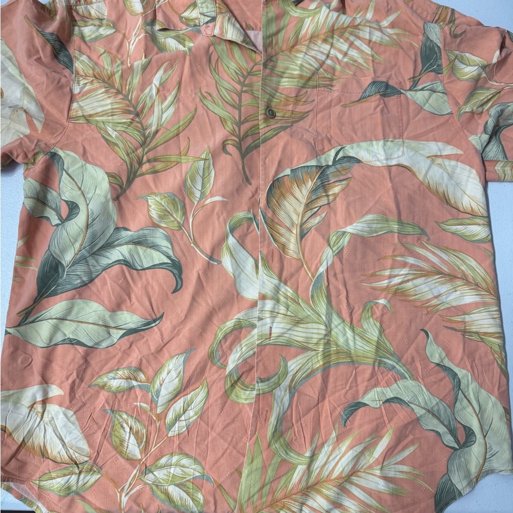 Vintage Tommy Bahama Coral and Green Leaf Shirt